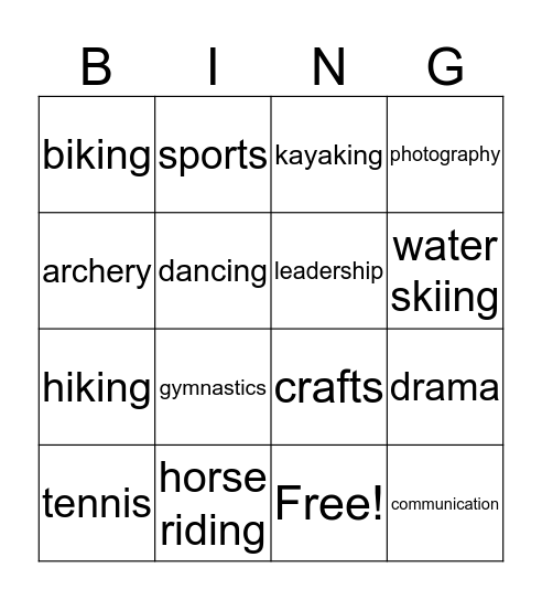 School Camp Bingo Card