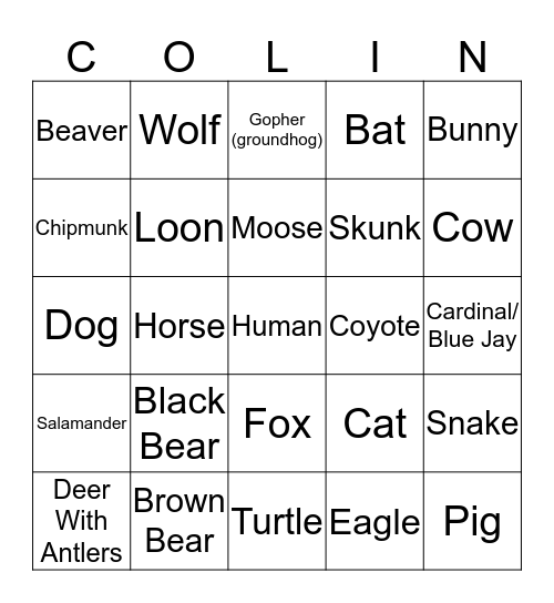 Animal Bingo Card Bingo Card
