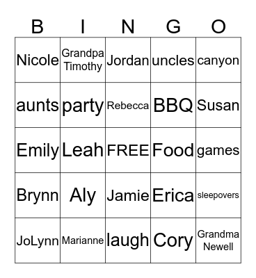 Summer Family Bingo Card