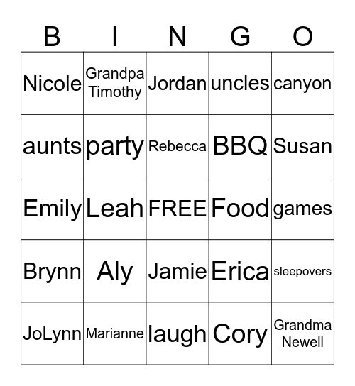 Summer Family Bingo Card