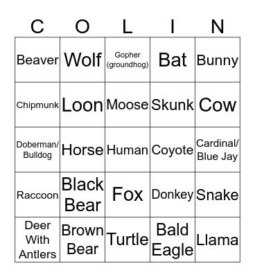 Animal Bingo Card Bingo Card