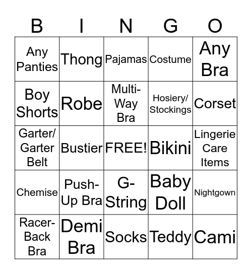 Rebekah's Lingerie Bingo! Bingo Card