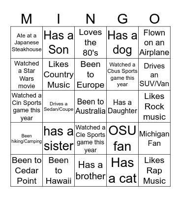 TEAM MINGO BINGO! Bingo Card