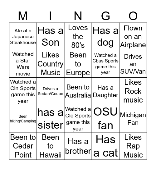 TEAM MINGO BINGO! Bingo Card
