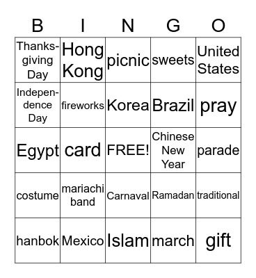 Holidays and Traditions Bingo Card