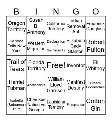 Westward Expansion Bingo Card