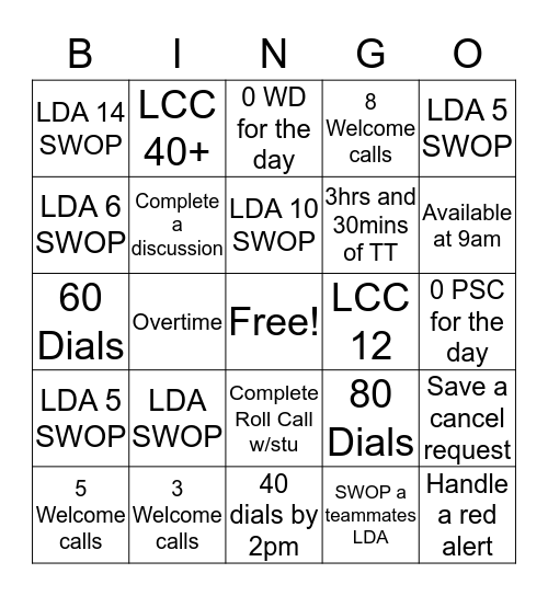 START WEEK Bingo Card