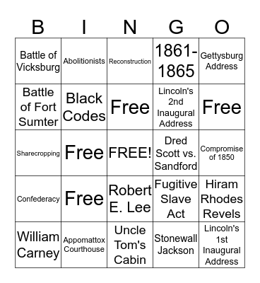 CIVIL WAR & RECONSTRUCTION Bingo Card