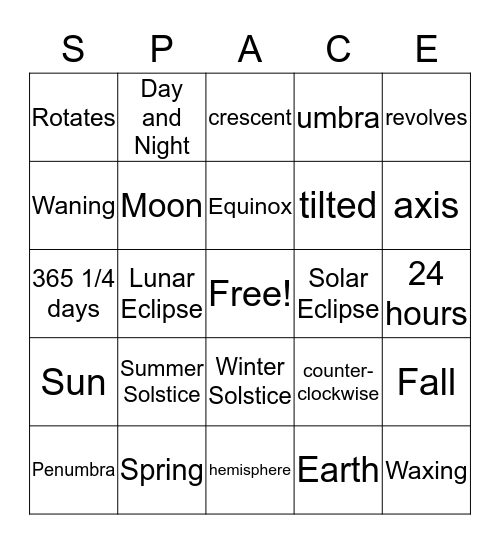 Moon and Seasons Bingo Card