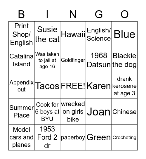 Grandma and Grandpa  Bingo Card