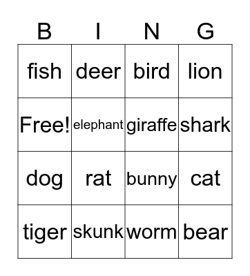 Animal Bingo Card