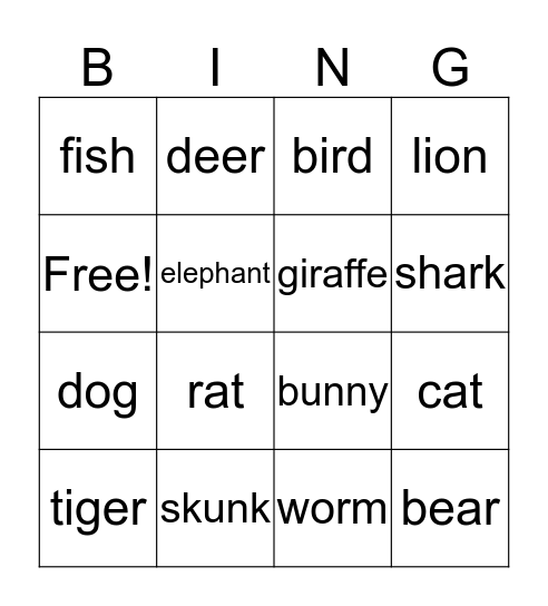 Animal Bingo Card