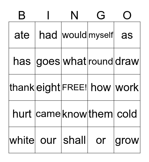 Sight Word Bingo Card