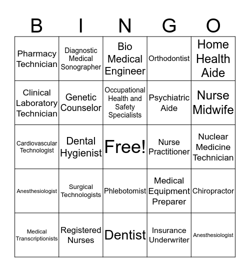 Health Care Jobs Bingo Card