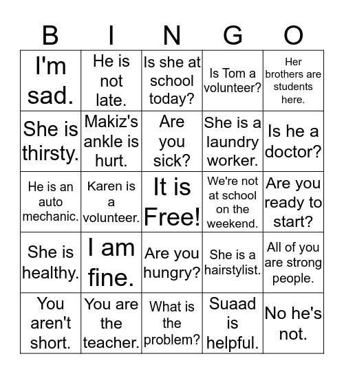 verb:  to be Bingo Card
