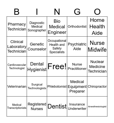 Health Care Jobs Bingo Card