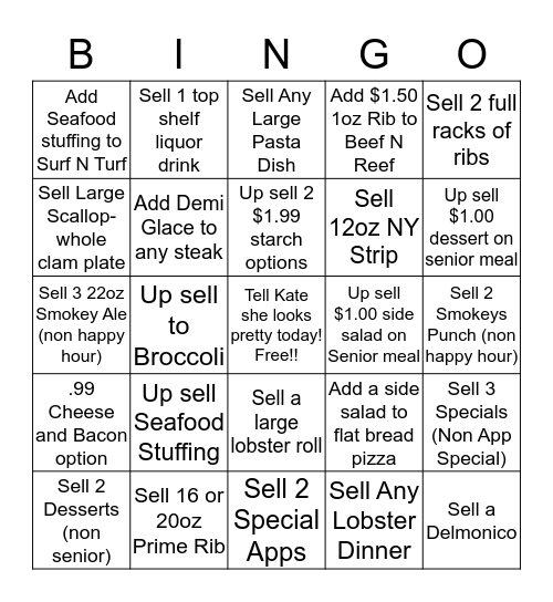 Granite Steak and Grill Bingo Card