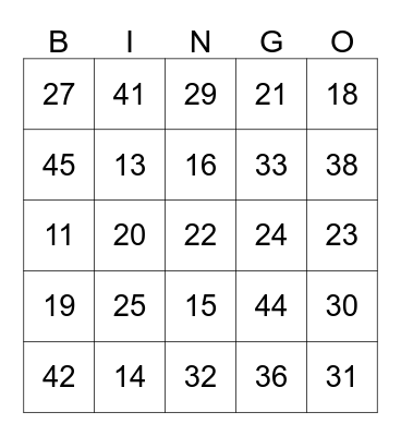NUMBER BINGO Card