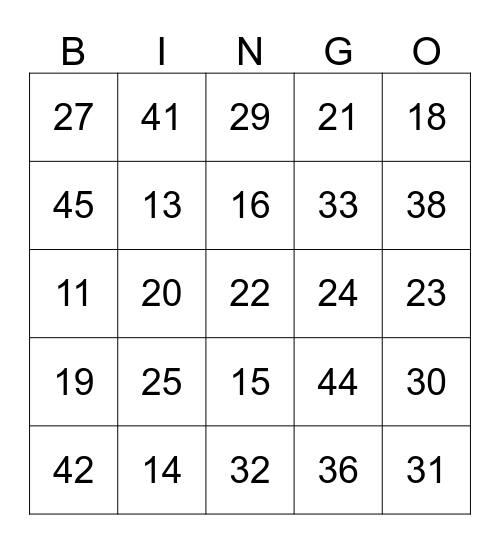 NUMBER BINGO Card