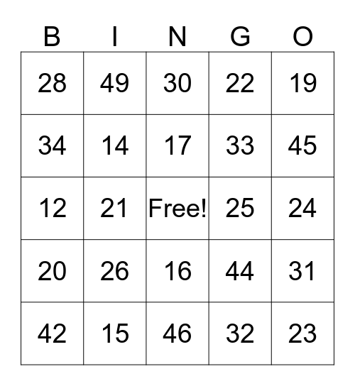 NUMBER BINGO Card