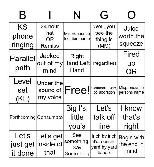 Concessions Department Sayings Bingo Card