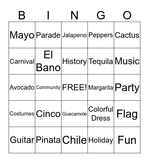 Stinko de Mayo Bingo Card