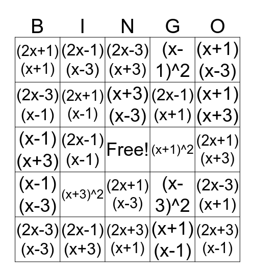 Factor pst and difference of squares Bingo Card