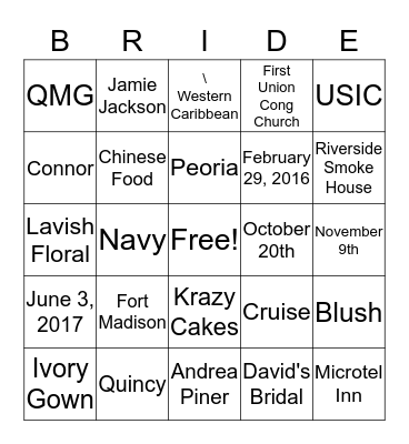 Andrea & Jamie Wedding BINGO Card