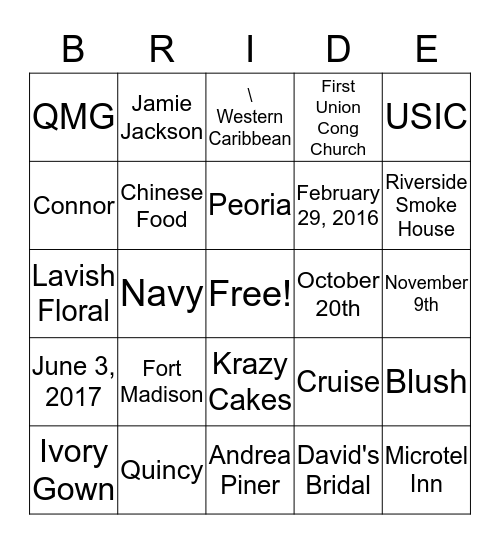 Andrea & Jamie Wedding BINGO Card