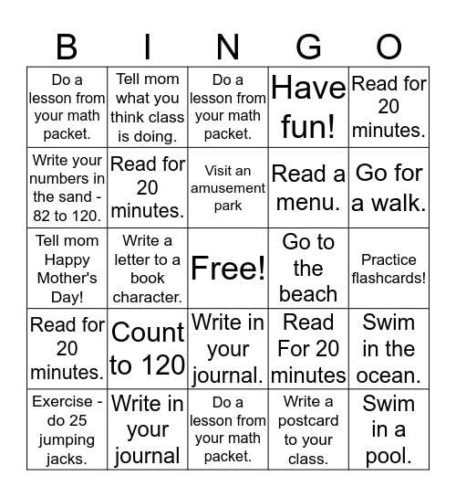 Jacob's Florida Family Vacation Bingo Card