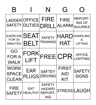SAFETY AND HEALTH  Bingo Card