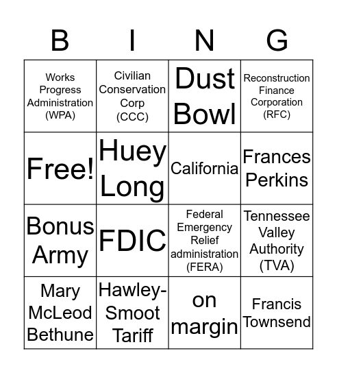 The Great Depression Bingo Card