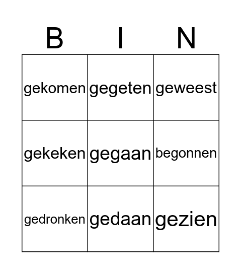 Verleden Tijd Bingo Card