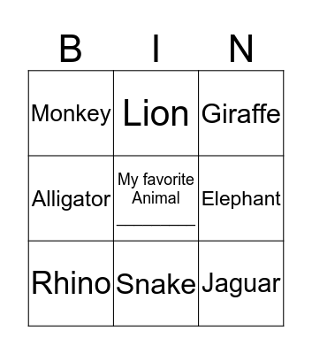 Zoo Bingo Card