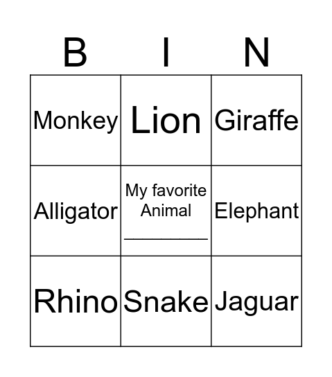 Zoo Bingo Card