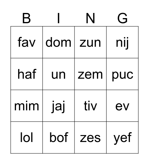 Nonsense Words Bingo Card
