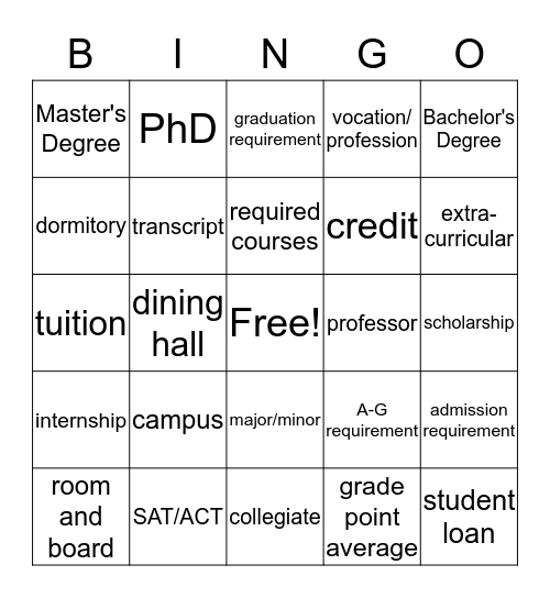 College Vocabulary Bingo Card