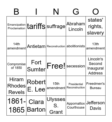 Civil War & Reconstruction Bingo Card
