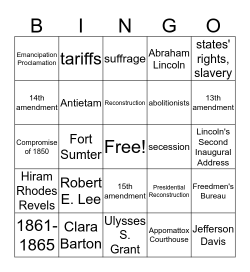 Civil War & Reconstruction Bingo Card