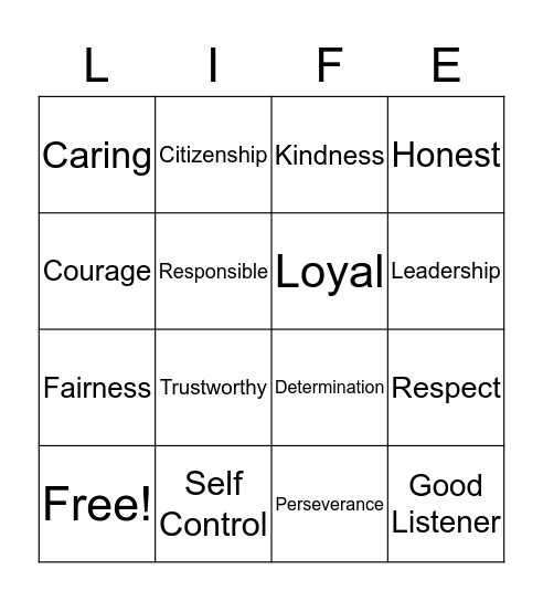 Life Skills Bingo Card