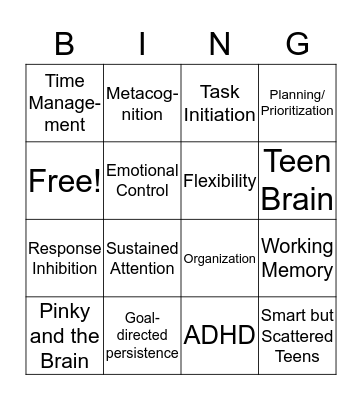 Executive Skills Bingo Card