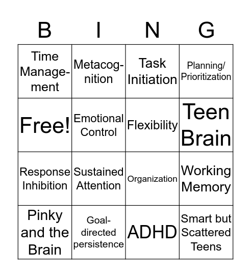 Executive Skills Bingo Card