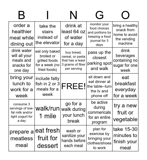 Healthy Bingo Card