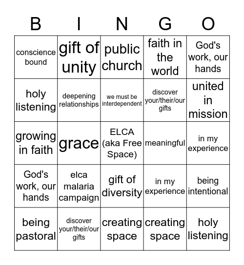Synod Assembly Bingo Card