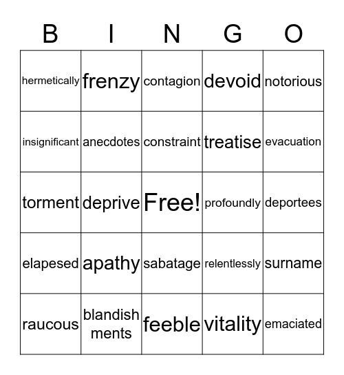 Night Vocabulary Bingo Card