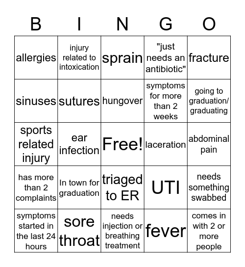 Graduation weekend bingo Card