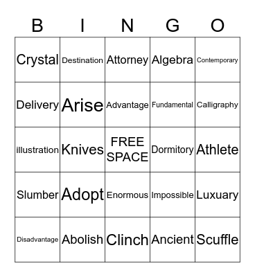 Vocabulary Bingo  Bingo Card