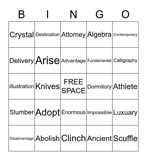 Vocabulary Bingo  Bingo Card