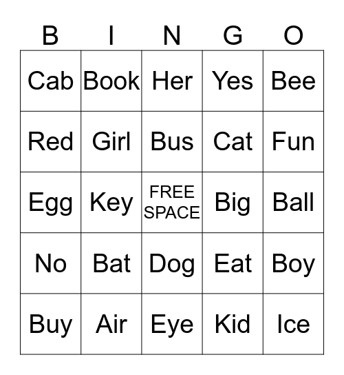 Vocabulary Bingo  Bingo Card