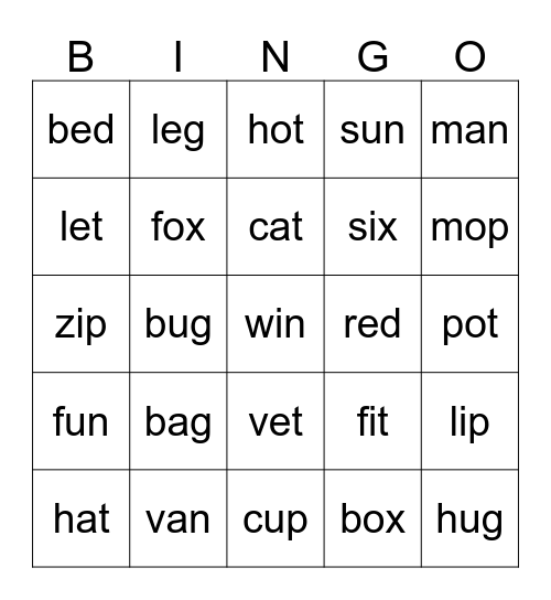 CVC Bingo (All 5 vowels) Bingo Card